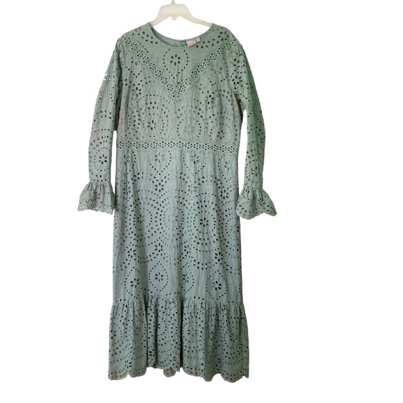 Asos Design Sage Green Cotton Long Sleeve Midi Eyelet Dress Ruffles (Size 14) - Picture 2 of 12